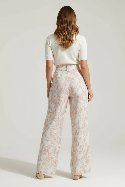 Pantalon Beige Imprimé Floral Fluide Taille Haute - Lin - vue 2