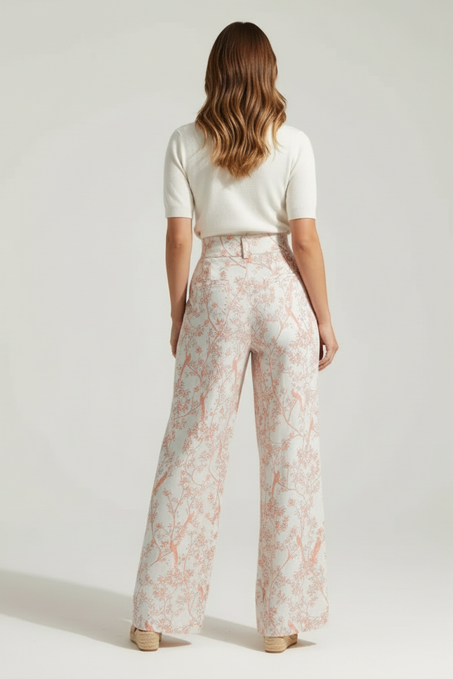 Pantalon Beige Imprimé Floral Fluide Taille Haute - Lin - vue 2