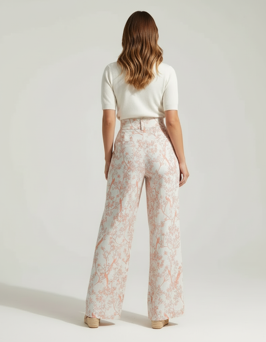 Pantalon Beige Imprimé Floral Fluide Taille Haute - Lin - vue 2