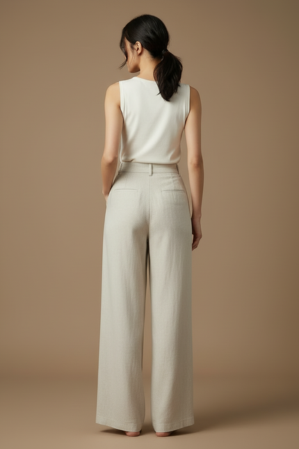 Pantalon Beige Lin Ample Taille Haute Droit Femme - vue 2