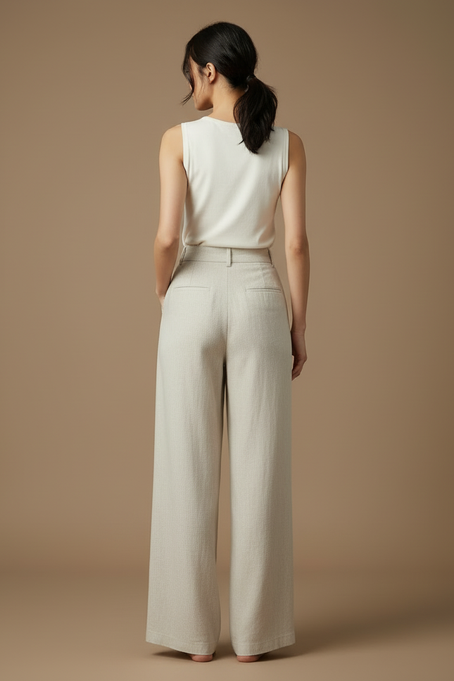 Pantalon Beige Lin Ample Taille Haute Droit Femme - vue 2