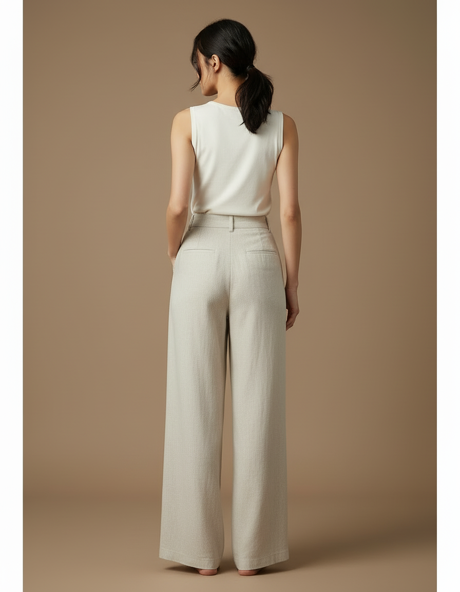 Pantalon Beige Lin Ample Taille Haute Droit Femme - vue 2