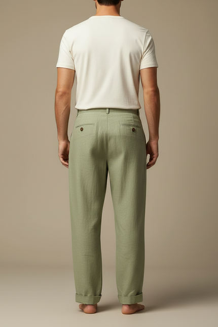 Pantalon Beige Lin Ample Boutonné Décontracté Homme - Vert - vue 2
