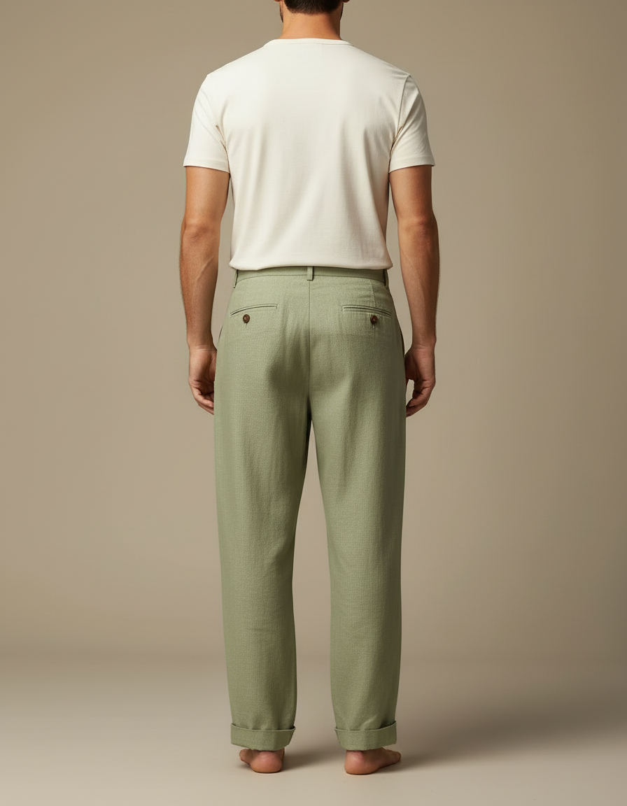 Pantalon Beige Lin Ample Boutonné Décontracté Homme - Vert - vue 2