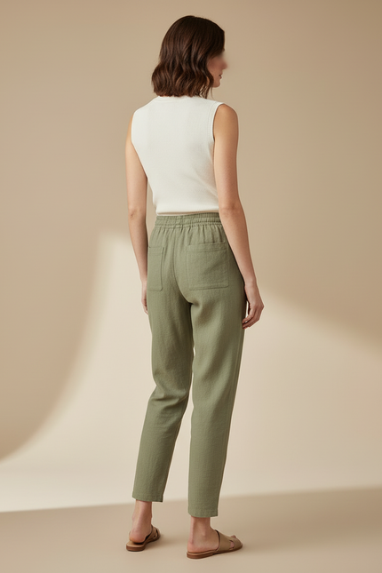 Pantalon Beige Cordon Lin Coupe Droite Décontracté - Kaki - vue 2
