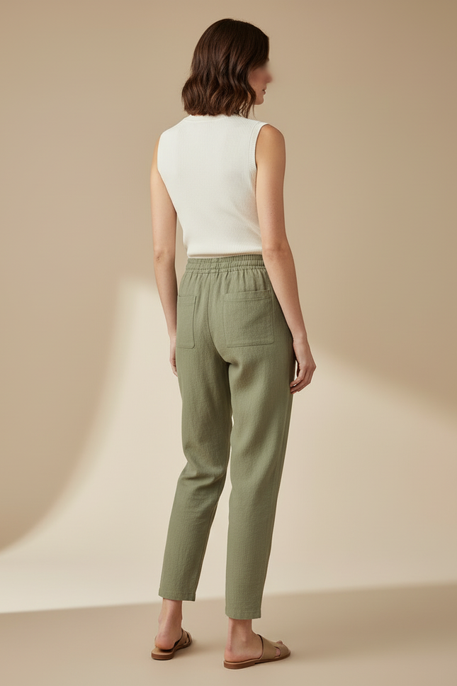 Pantalon Beige Cordon Lin Coupe Droite Décontracté - Kaki - vue 2
