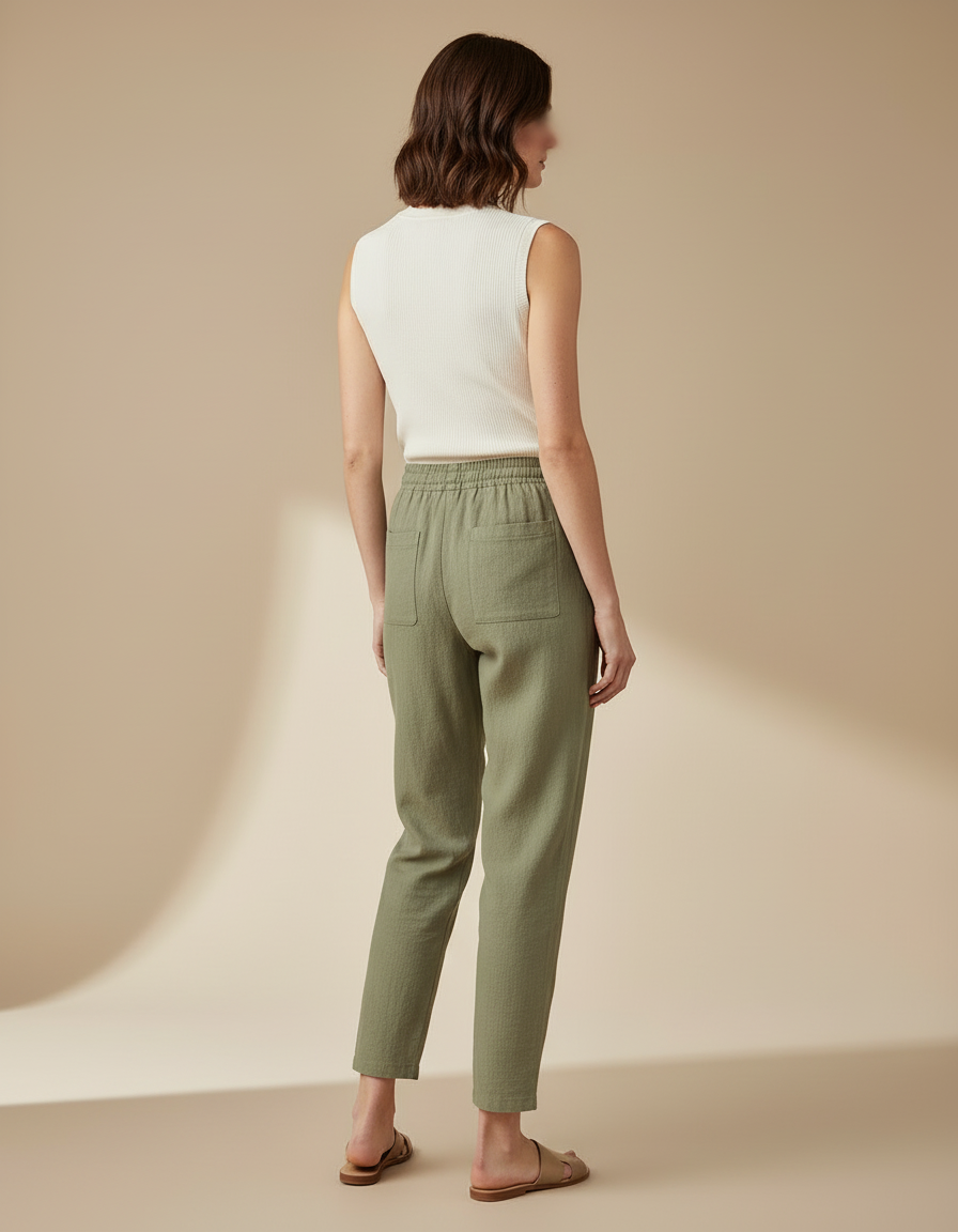 Pantalon Beige Cordon Lin Coupe Droite Décontracté - Kaki - vue 2
