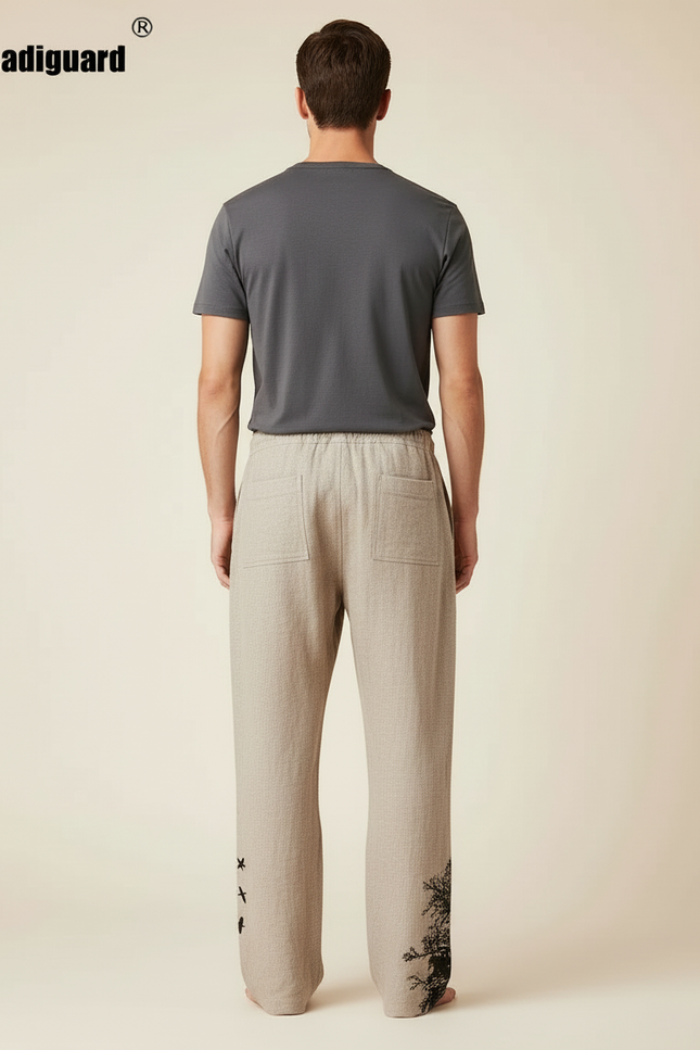 Pantalon Beige Lin Ample Imprimé Arbre Oiseaux Homme - vue 2