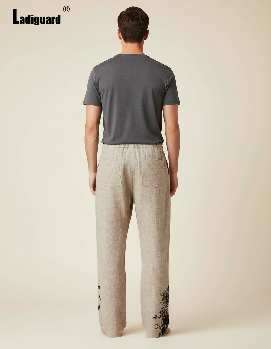 Pantalon Beige Lin Ample Imprimé Arbre Oiseaux Homme - vue 2