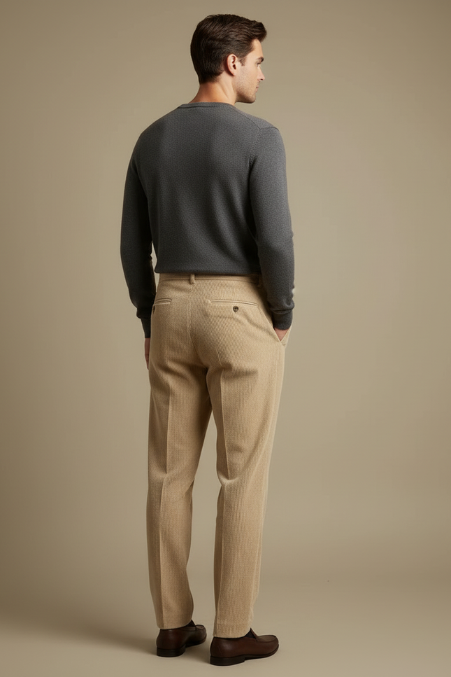 Pantalon Beige Côtelé Plissé Droit Homme Élégant - Cordé - vue 2