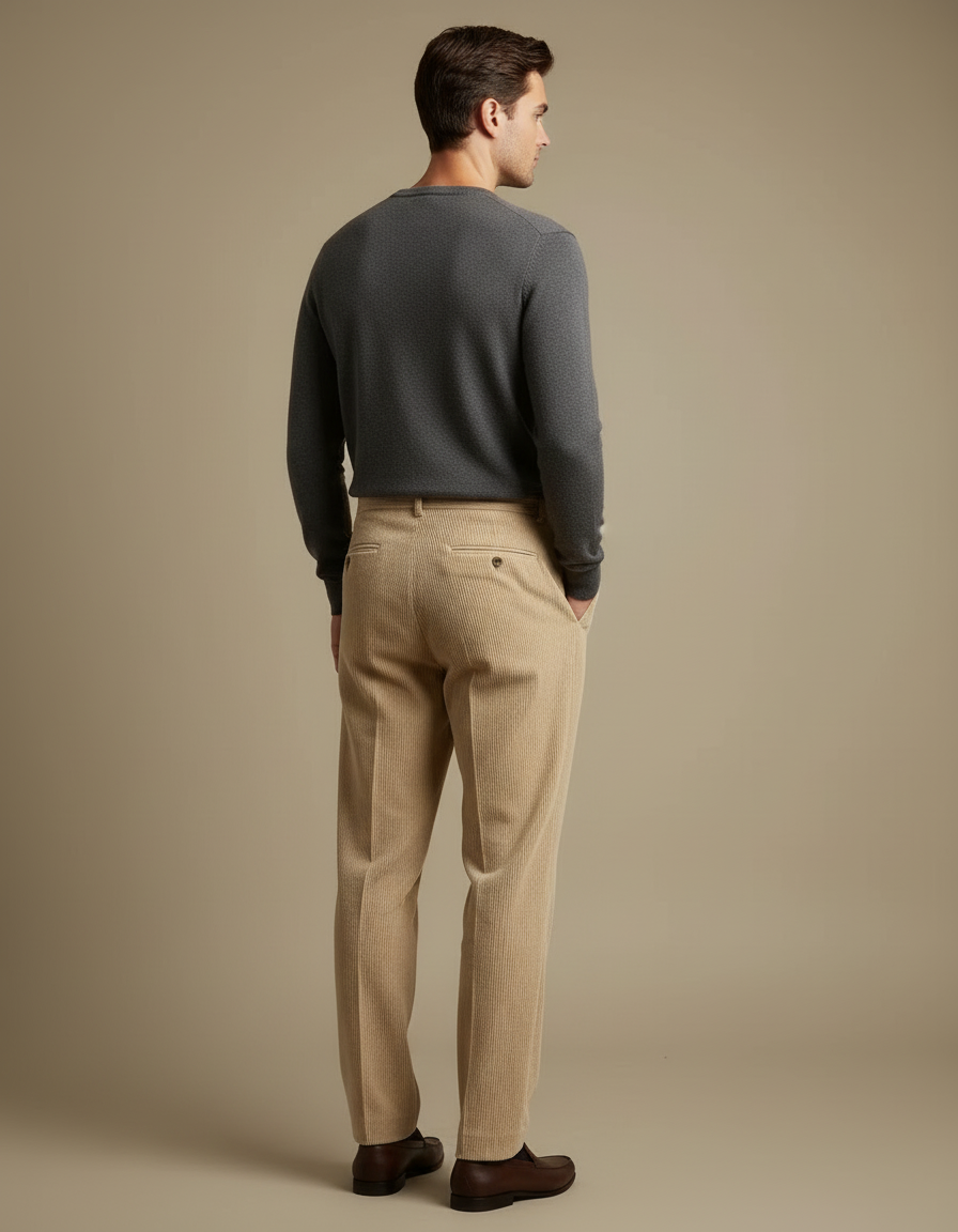 Pantalon Beige Côtelé Plissé Droit Homme Élégant - Cordé - vue 2