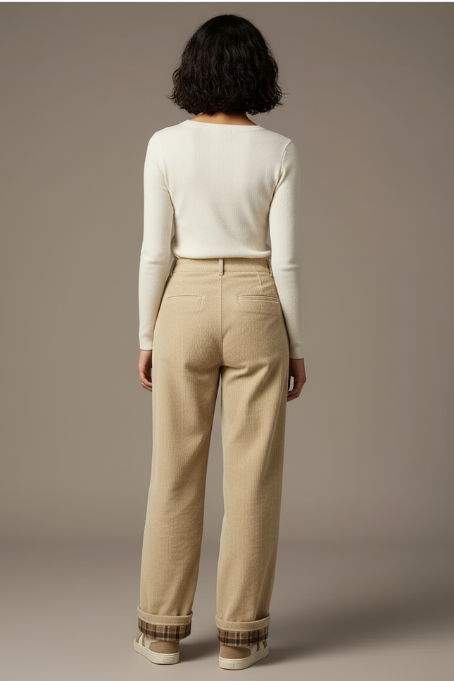 Pantalon Beige Côtelé Plissé Ample Doublé Femme - Cordé - vue 2