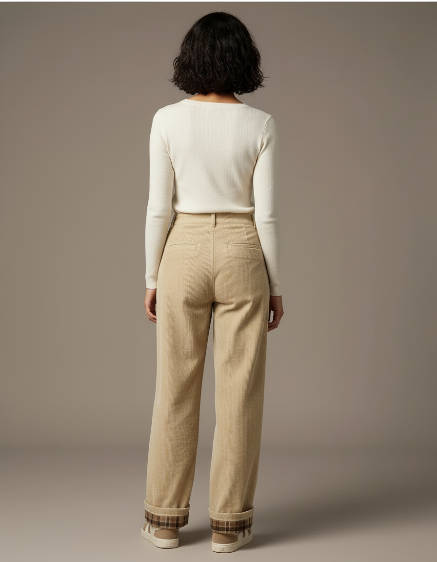 Pantalon Beige Côtelé Plissé Ample Doublé Femme - Cordé - vue 2