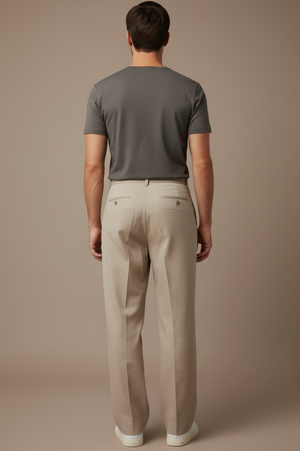 Pantalon Beige Plissé Ample Droit Homme Élégant - Gabardine - vue 2