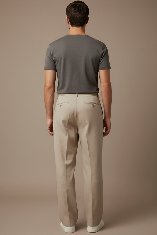 Pantalon Beige Plissé Ample Droit Homme Élégant - Gabardine - vue 2