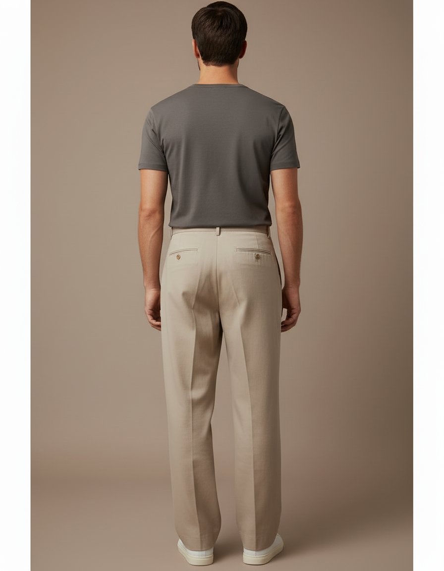 Pantalon Beige Plissé Ample Droit Homme Élégant - Gabardine - vue 2