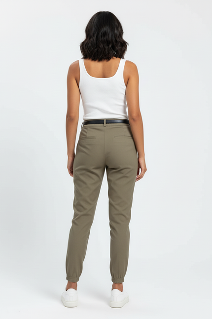 Pantalon Beige Femme Taille Haute Jogger Ceinturé Élégant - Kaki Polyester - vue 2