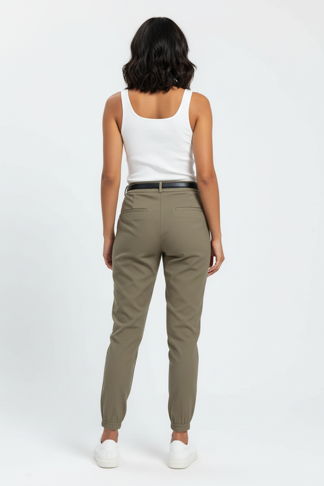 Pantalon Beige Femme Taille Haute Jogger Ceinturé Élégant - Kaki Polyester - vue 2