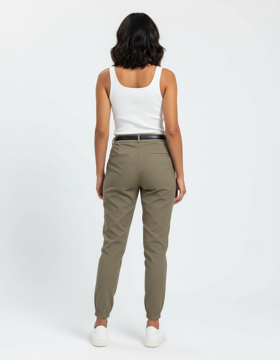 Pantalon Beige Femme Taille Haute Jogger Ceinturé Élégant - Kaki Polyester - vue 2