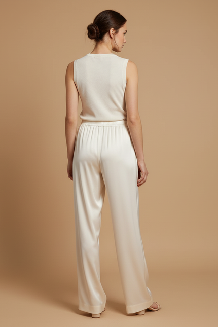 Pantalon Beige Fluide Satiné Ample Décontracté Femme - vue 2