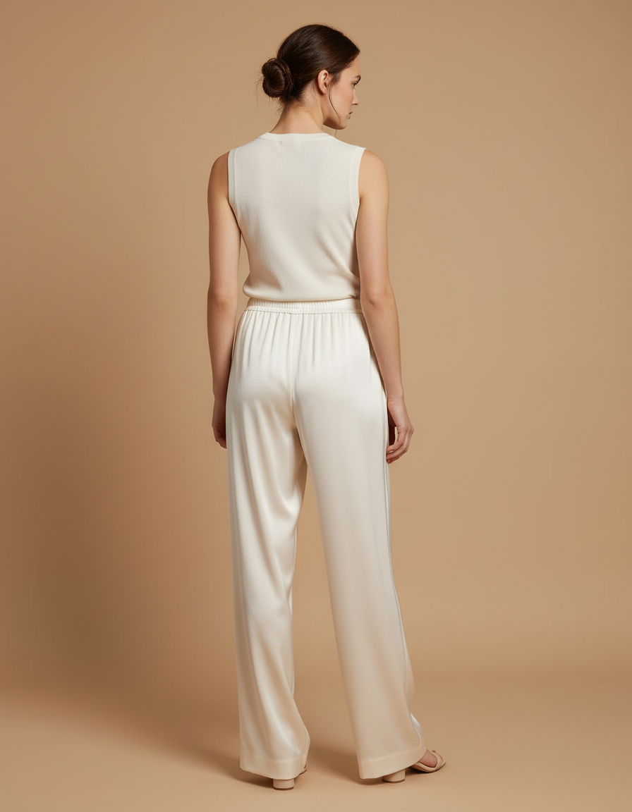 Pantalon Beige Fluide Satiné Ample Décontracté Femme - vue 2