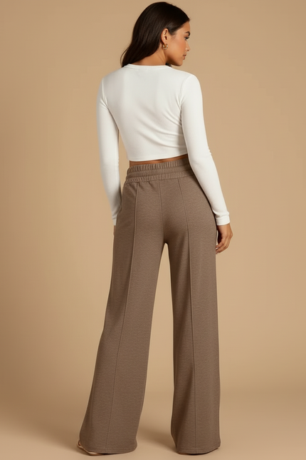 Pantalon Beige Ample Fluide Décontracté Cordon Femme - Marron Molleton - vue 2