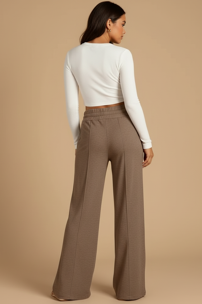 Pantalon Beige Ample Fluide Décontracté Cordon Femme - Marron Molleton - vue 2