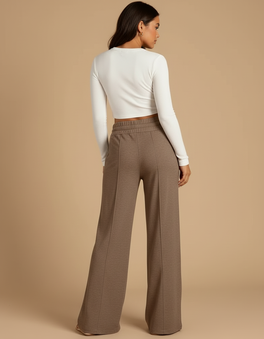 Pantalon Beige Ample Fluide Décontracté Cordon Femme - Marron Molleton - vue 2