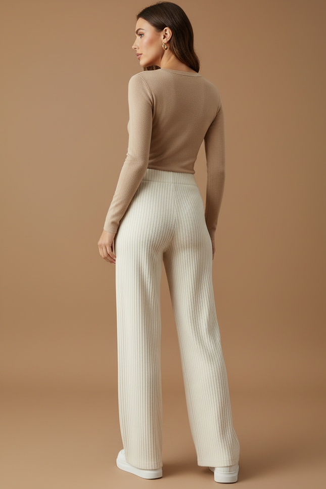 Pantalon Beige Côtelé Ample Décontracté Femme Fluide - Cordé - vue 2