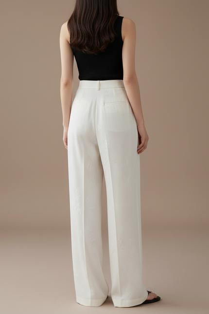 Pantalon Beige Satiné Ample Jacquard Fluide Élégant - vue 2