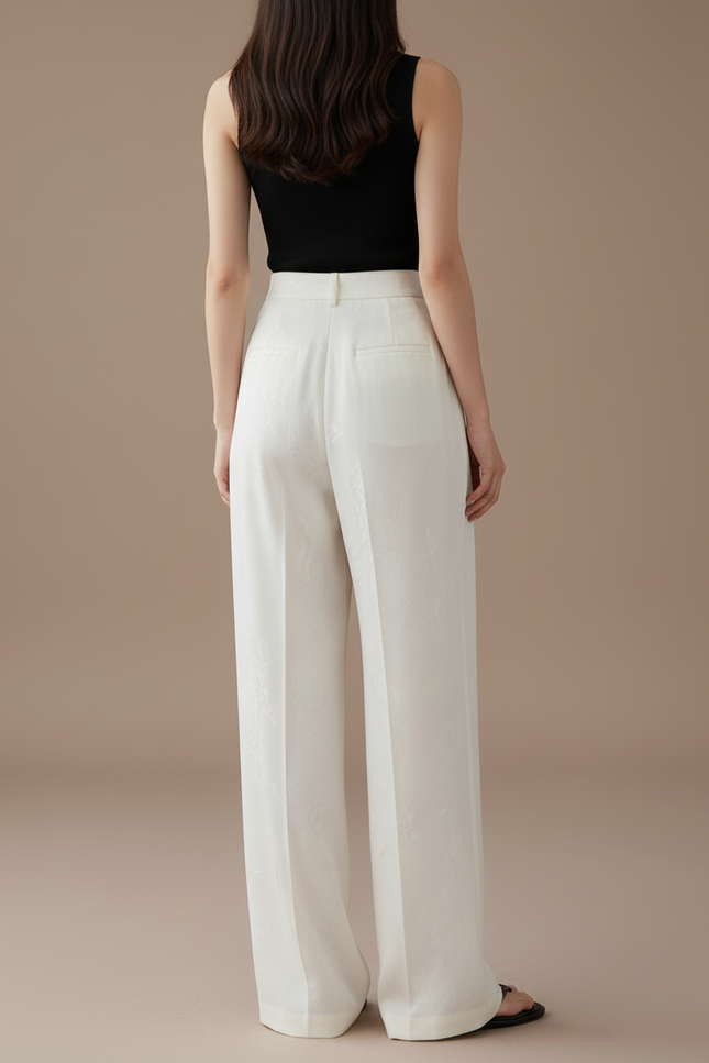 Pantalon Beige Satiné Ample Jacquard Fluide Élégant - vue 2