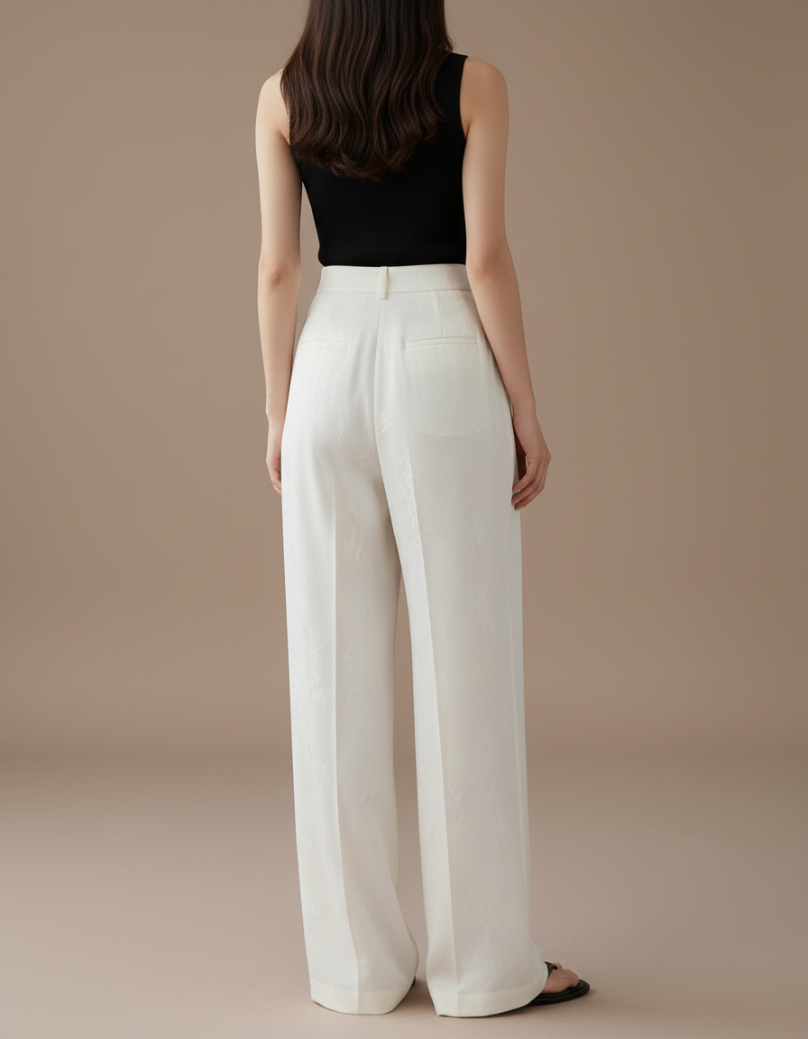Pantalon Beige Satiné Ample Jacquard Fluide Élégant - vue 2