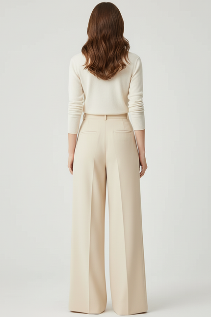 Pantalon Beige Ample Plissé Taille Haute Élégant - Polyester - vue 2