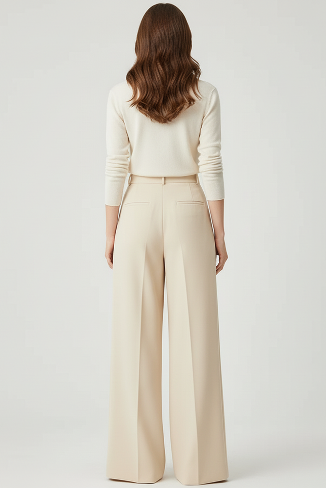 Pantalon Beige Ample Plissé Taille Haute Élégant - Polyester - vue 2