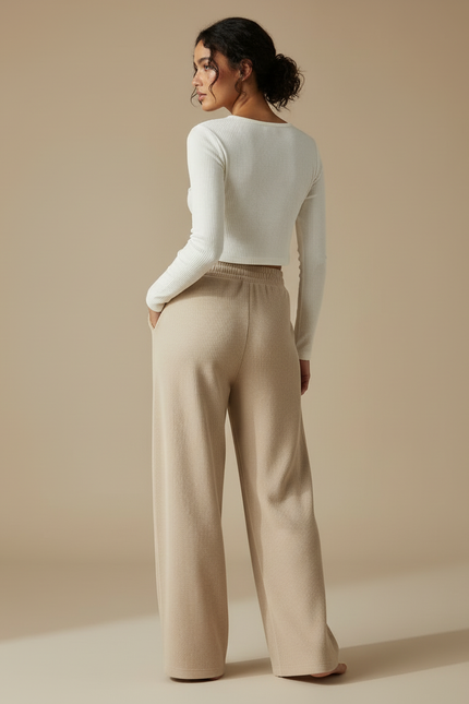 Pantalon Beige Côtelé Ample Droit Taille Haute - Maille - vue 2
