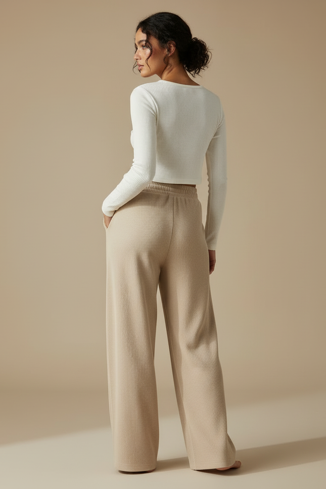 Pantalon Beige Côtelé Ample Droit Taille Haute - Maille - vue 2