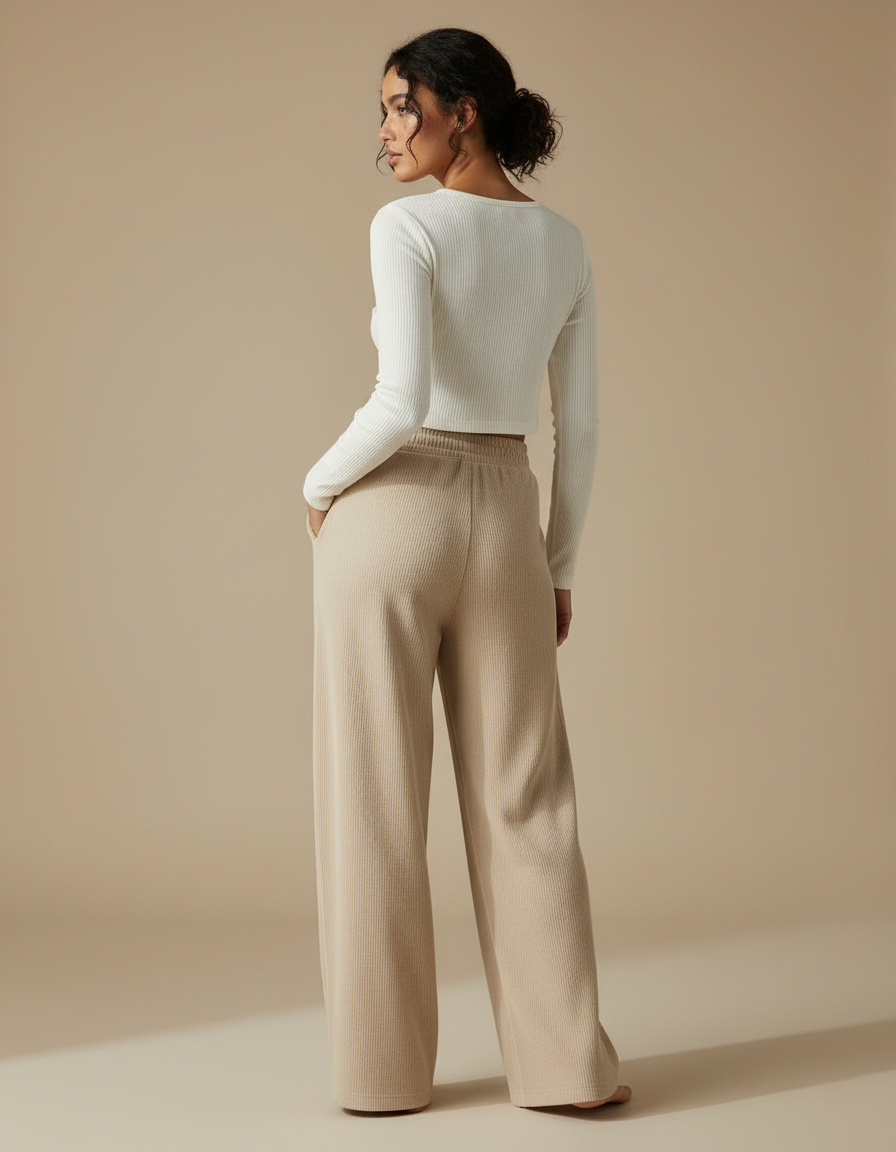 Pantalon Beige Côtelé Ample Droit Taille Haute - Maille - vue 2