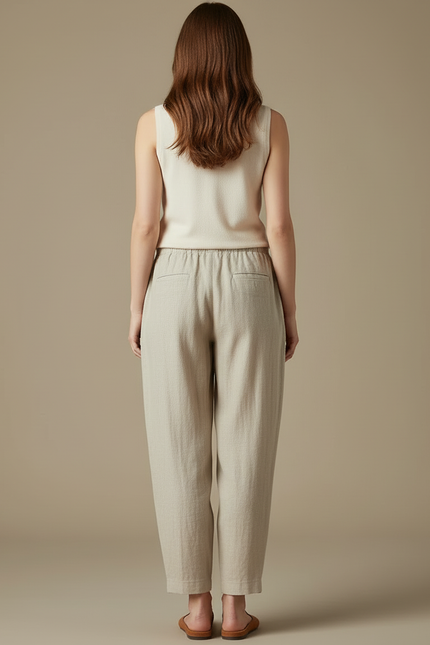 Pantalon Beige Ample Lin Décontracté Femme - vue 2