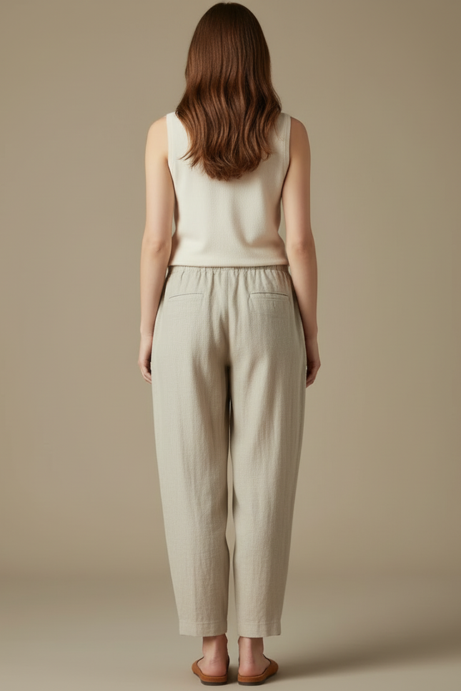Pantalon Beige Ample Lin Décontracté Femme - vue 2