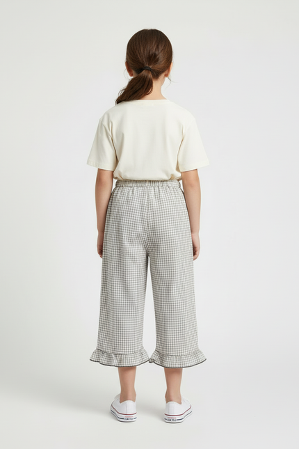 Pantalon Beige Vichy Ample Volants Coton Lin Fille - vue 2