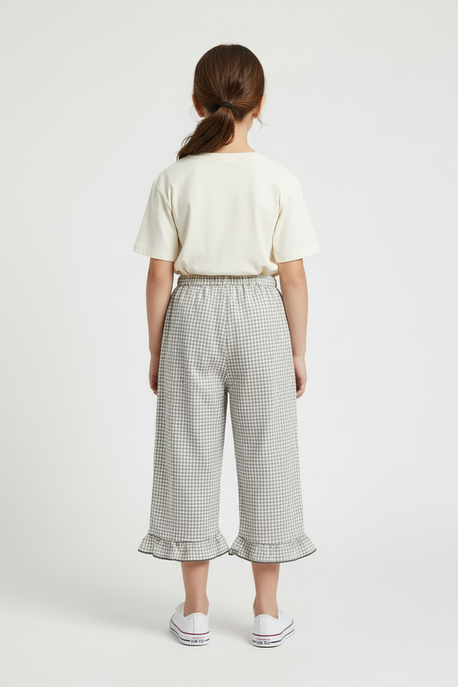 Pantalon Beige Vichy Ample Volants Coton Lin Fille - vue 2