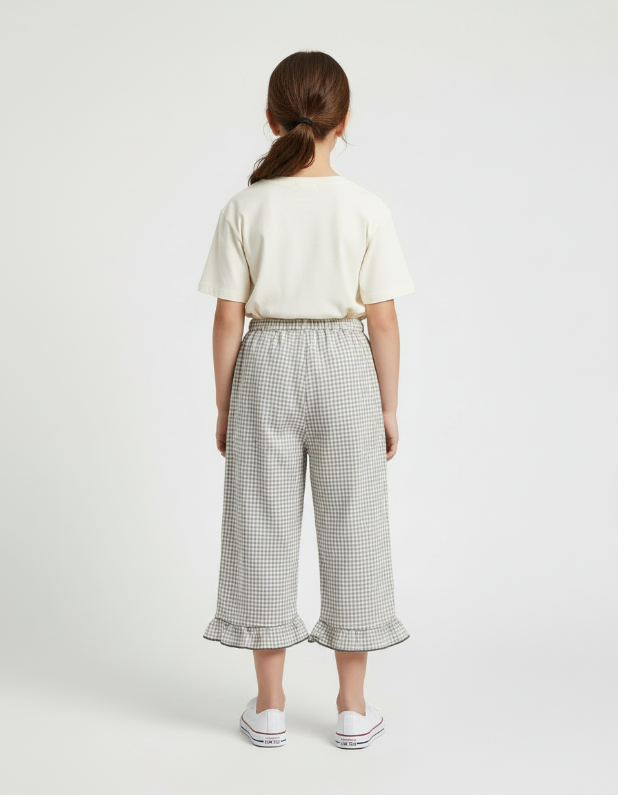 Pantalon Beige Vichy Ample Volants Coton Lin Fille - vue 2