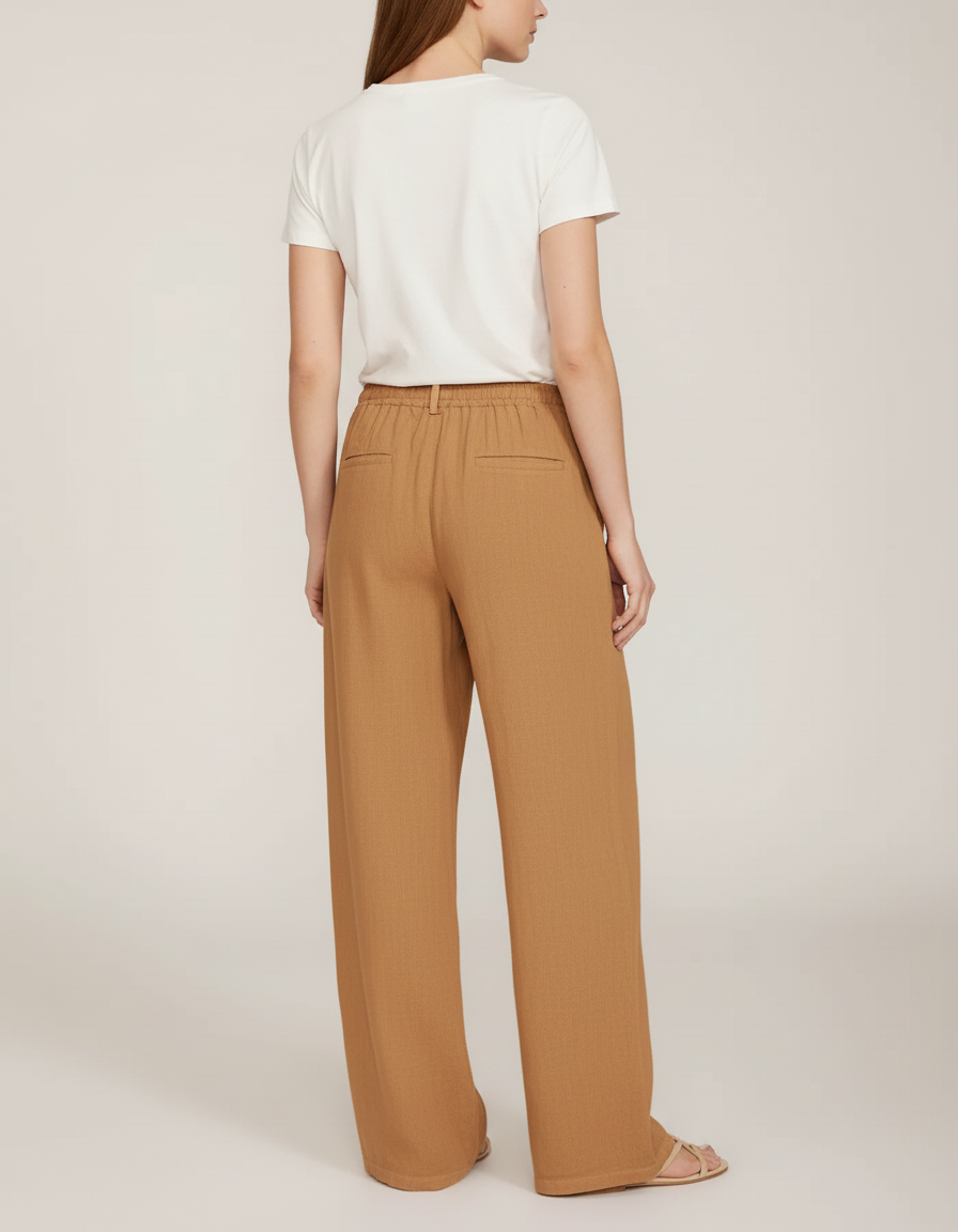 Pantalon Beige Lin Ample Décontracté Fluide Élastique - vue 2