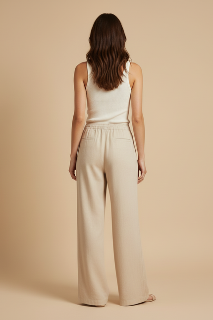 Pantalon Beige Fluide Ample Taille Élastique Décontracté - Lin - vue 2