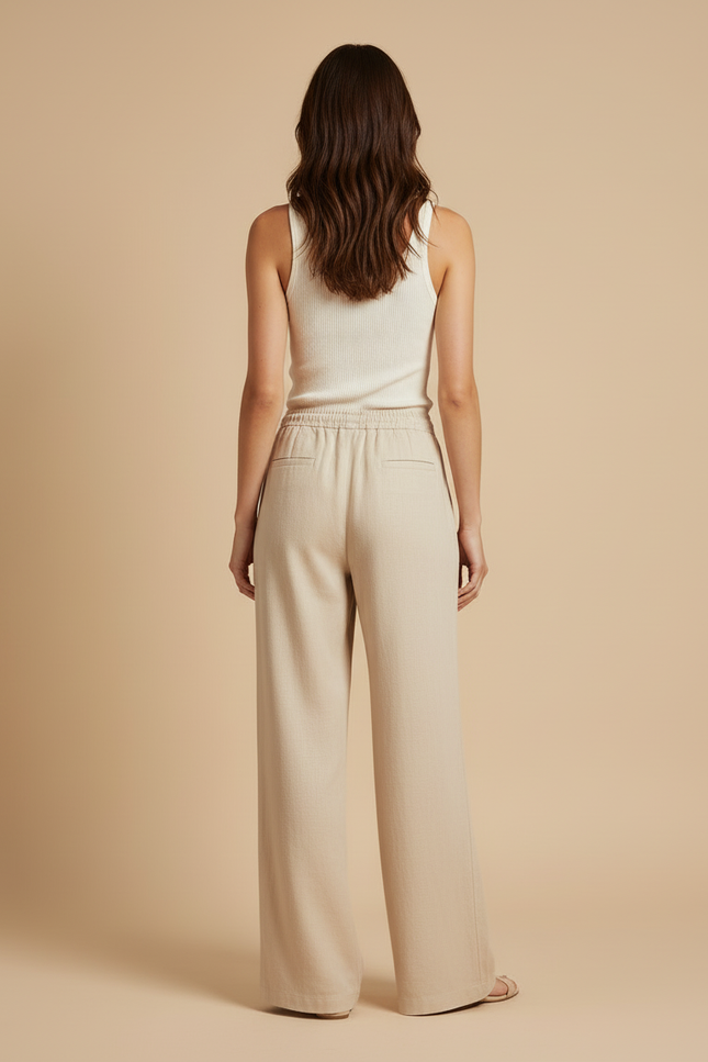 Pantalon Beige Fluide Ample Taille Élastique Décontracté - Lin - vue 2