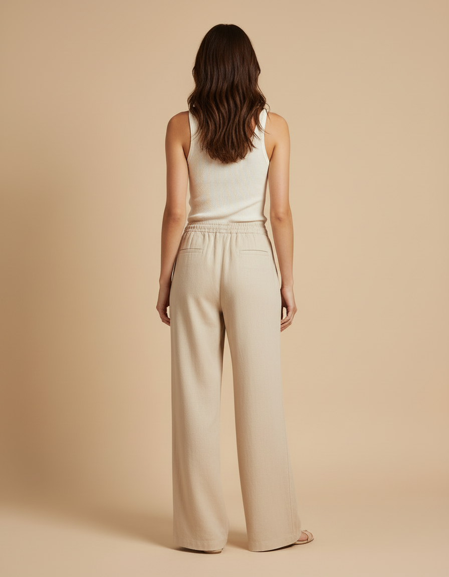 Pantalon Beige Fluide Ample Taille Élastique Décontracté - Lin - vue 2
