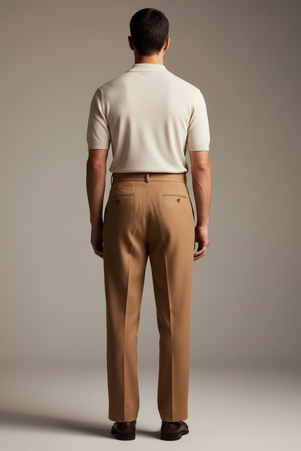 Pantalon Beige Plissé Élégant Homme Laine Droit - Camel - vue 2