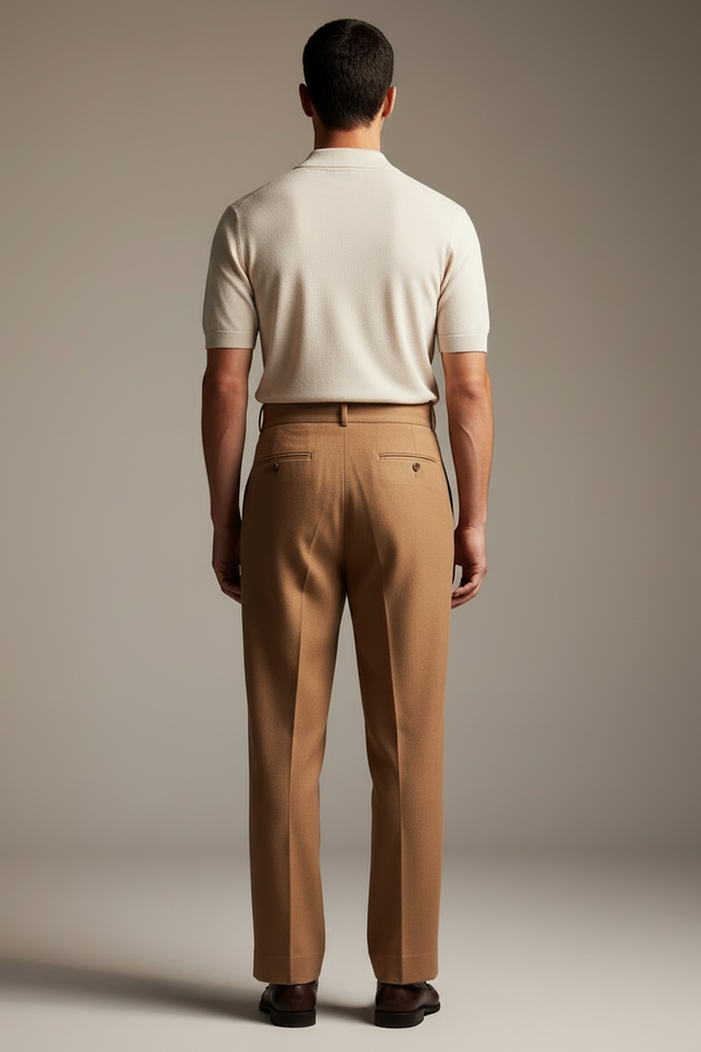 Pantalon Beige Plissé Élégant Homme Laine Droit - Camel - vue 2