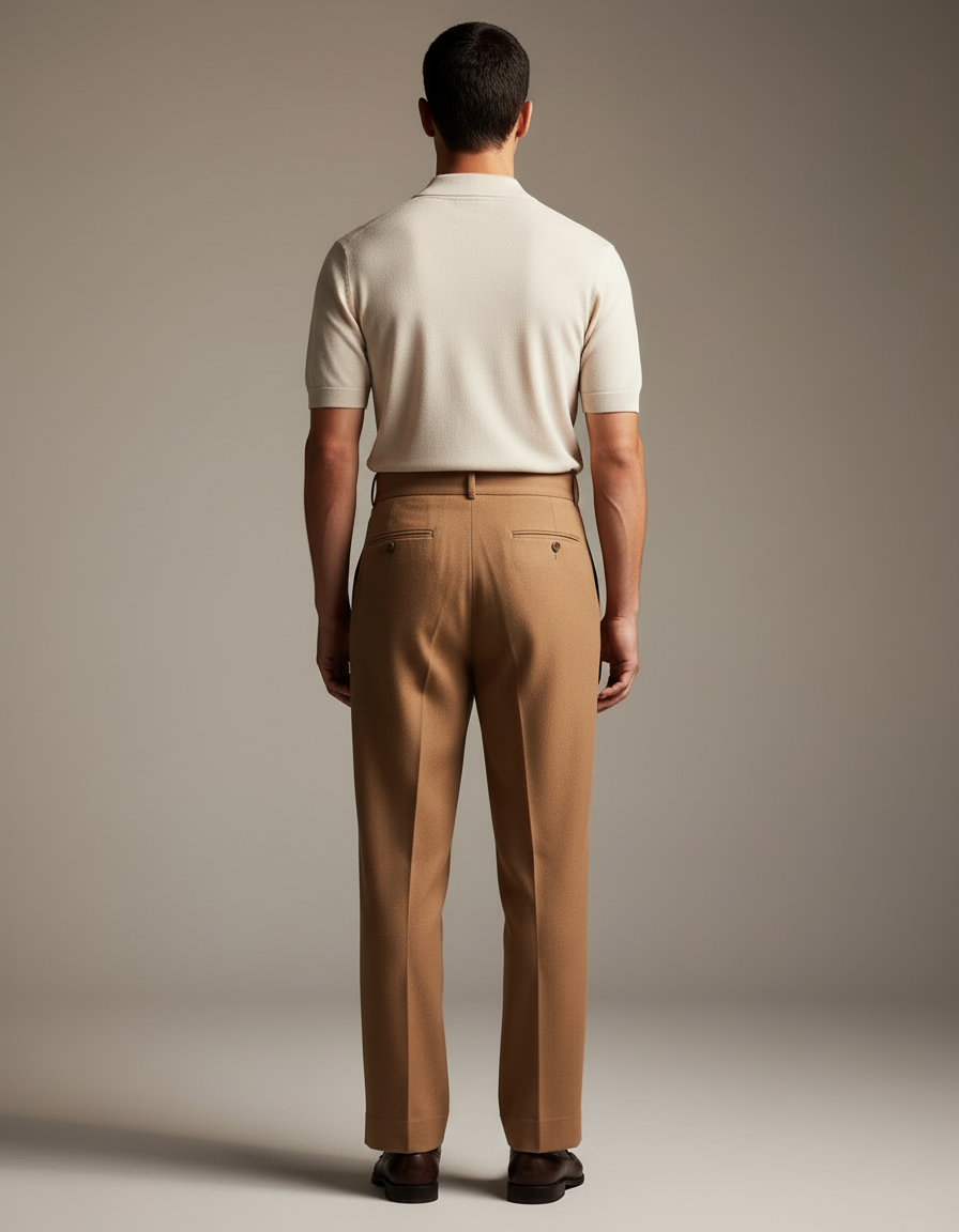 Pantalon Beige Plissé Élégant Homme Laine Droit - Camel - vue 2
