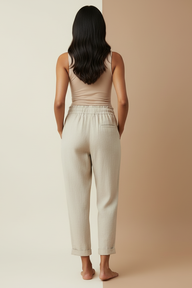 Pantalon Beige Lin Ample Cordon Décontracté Femme - vue 2